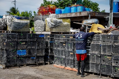 Un pescador nicaragüense junto a las trampas para cangrejos.