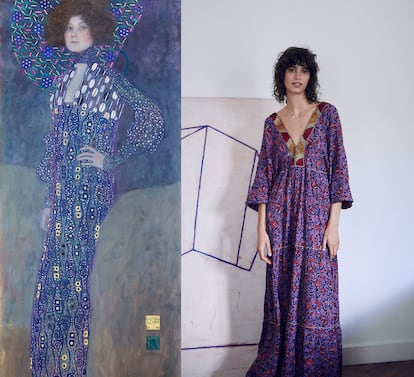 La mujer que ha pasado a la historia como ‘musa’ de Klimt (y probablemente la protagonista en El beso) fue una prolífera diseñadora y una empresaria de éxito que llegó a dirigir un taller con 80 costureras.
A la izda., Retrato de Emilie Flöge (1902), de Gustav Klimt; a la dcha., un vestido estampado en la última colección de Zara (59,95 euros).