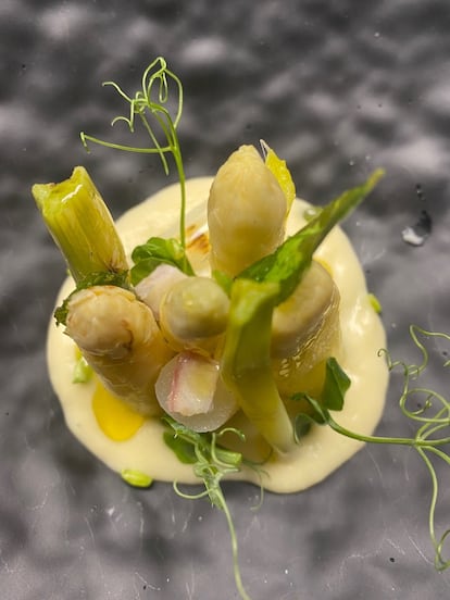 Los espárragos de la Rivera del Duero son muy apreciados por cocineros de todo el país. En la imagen, proporcionada por Taller Arzuaga, un plato de espárrago de Tudela, pilpil de puerros, anguila ahumada, cebollitas y brotes de guisantes.