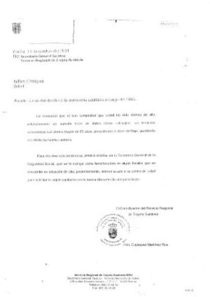 Carta remitida por la Secretaría General Técnica de la Tarjeta Sanitaria.