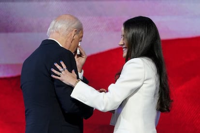 Joe Biden wipes a tear from his eye after being introduced by his daughter, Ashley Biden, at the Democratic National Convention.