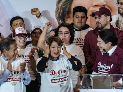 Delfina Gómez en la conferencia de prensa en la que se declaró triunfadora de la elección del Estado de México, el 4 de junio en Toluca.