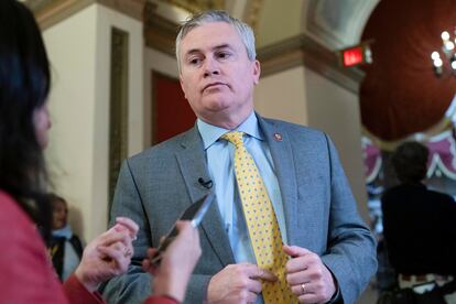 Rep. James Comer, R-Ky., talks to reporters as he walks to the House chamber, on Capitol Hill in Washington, Thursday, Jan. 12, 2023.