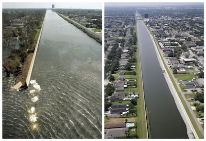 <B> Olas de más de 7 metros. </B>En zonas de la costa de Luisiana y Misisipi golpearon olas superiores a los 7 metros. En la imagen, el canal de la calle 17 tras el paso del huracán en agosto de 2005 y en julio de 2015.