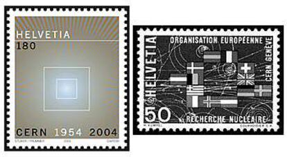 A la izquierda, el sello conmemorativo de los 50 años del CERN que saldrá hoy a la venta en Suiza. A su derecha, otro sello suizo creado en honor de esta institución científica, que muestra las banderas de los 13 estados miembros en ese momento.