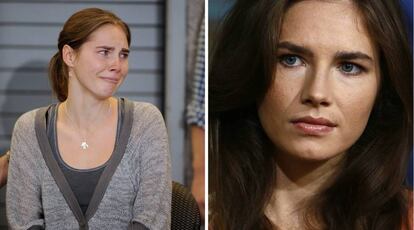 À esquerda, Amanda Knox durante um dos julgamentos pelo assassinato de Meredith Kerche em 2011, à direita, uma imagem atual numa entrevista concedida à TV.