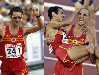 A la izquierda, Paquillo celebra su triunfo en la prueba de marcha, y a la derecha, Chema Martínez levanta a De la Ossa tras conseguir la plata y el bronce en los 10.000.