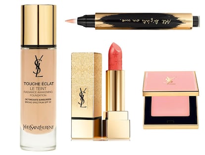 Base de maquillaje, iluminador, labial y colorete. Todo de Yves Saint Laurent.