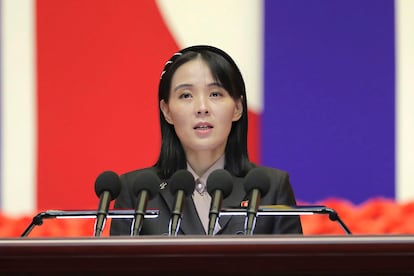 This photo provided by the North Korean government, Kim Yo Jong, sister of North Korean leader Kim Jong Un, delivers a speech during a national meeting against the coronavirus, in Pyongyang, North Korea, Aug. 10, 2022.