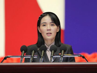 This photo provided by the North Korean government, Kim Yo Jong, sister of North Korean leader Kim Jong Un, delivers a speech during a national meeting against the coronavirus, in Pyongyang, North Korea, Aug. 10, 2022.