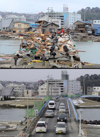 Residentes de Ishinomaki, Miyagi, cruzan un puente cubierto de escombros arrastrados por el agua el 15 de marzo de 2011; los vehículos vuelven a transitar por el mismo punto un año después.