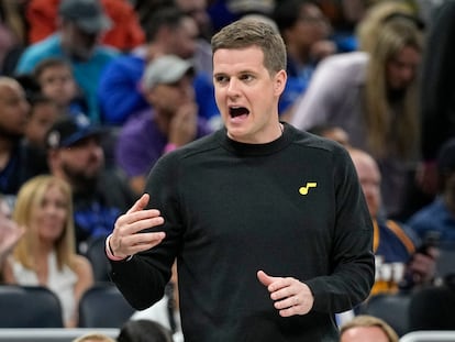 Utah Jazz head coach Will Hardy directs his team during the first half of an NBA basketball game against the Orlando Magic, Thursday, March 9, 2023, in Orlando, Fla.