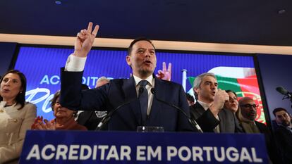 The leader of the Democratic Alliance (AD) coalition and President of the Social Democratic Party (PSD) Luis Montenegro holds the victory speech at Party headquarters in Lisbon, Portugal, March 11, 2024.