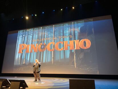 Guillermo del Toro on stage at the Annecy International Animation Film Festival.