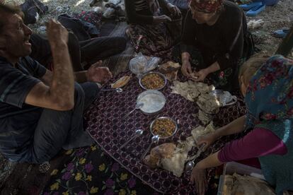 La familia se reúne para comer bajo su tienda al final del día. Mehmet no espera que sus hijos puedan continuar migrando. De los tres, solo el mayor, Ali, afirma que desea continuar cuidando de sus animales.