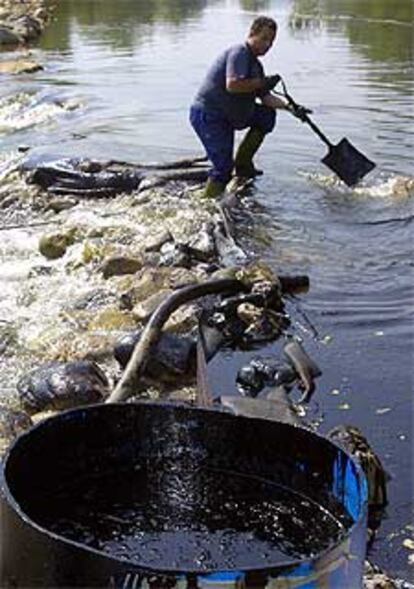 Un operario retira chapapote con una pala en el río Fluvià y lo deposita en un contenedor.