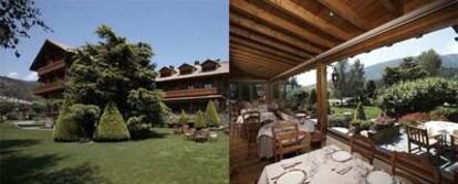 Arquitectura de aires alpinos en el hotel Grèvol, en la localidad de Llanars, en el Pirineo catalán. A la derecha, comedor con vistas al jardín.