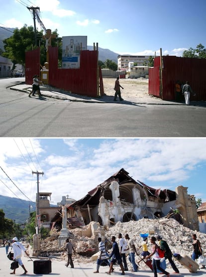 Solar buit de l'església del Sagrat Cor a Port-au-Prince el 29 de desembre del 2014 (a dalt), i els enderrocs el 14 de gener del 2010, dos dies després del terratrèmol.