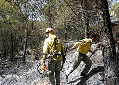 Dos operarios del Infoca, ayer en la zona del incendio de Jaén.