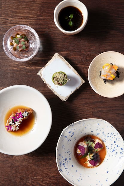 Algunos de los platos de EMi, el nuevo restaurante gastronómico madrileño de Rubén Hernández Mosquero.