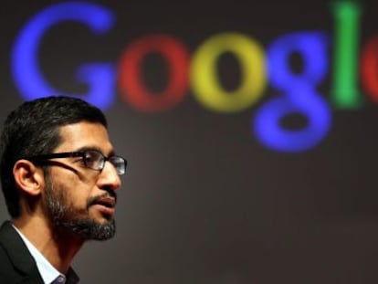El vicepresidente de Google y responsable de Android en el buscador, Sundar Pichai, ayer en el Congreso Mundial de M&oacute;viles de Barcelona.