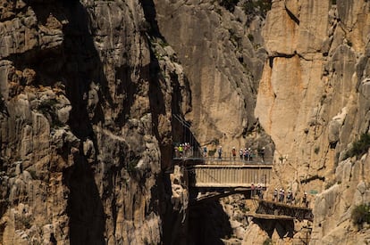Turistas recorren parte del recorrido de 'El Caminito del Rey' en Málaga (España). 'El Caminito del Rey' ha alcanzado las 3.200 visitas en sus primeros días de apertura tras la rehabilitación de la pasarela.