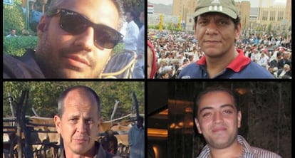 Os jornalistas presos Peter Greste, Mohamed Fahmy, Mohamed Fawzy e Baher Mohamed.