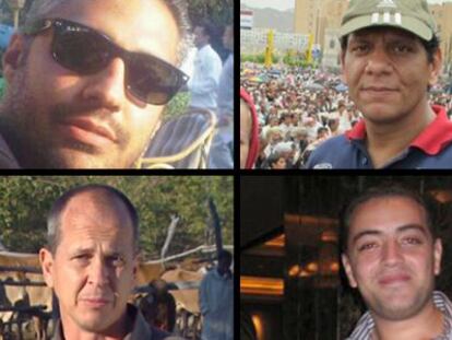 Os jornalistas presos Peter Greste, Mohamed Fahmy, Mohamed Fawzy e Baher Mohamed.