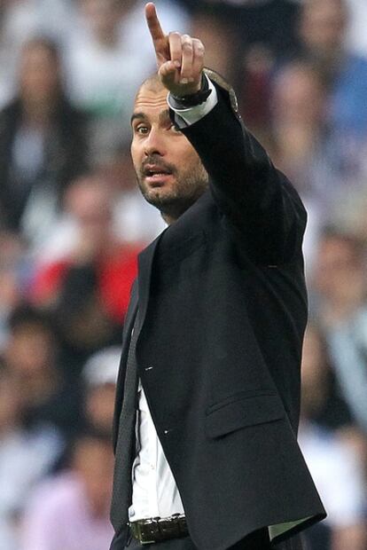 El entrenador del Barcelona Guardiola, durante la ida de la semifinal de 'Champions' ante el Madrid.