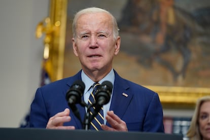 President Joe Biden speaks about the February jobs report from the Roosevelt Room of the White House, on March 10, 2023, in Washington.