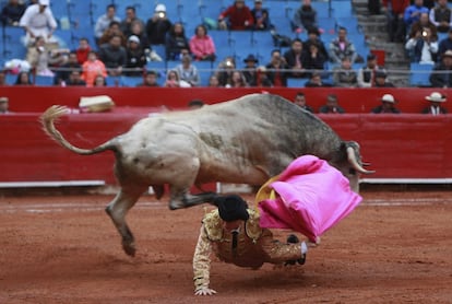 El torero mexicano André Lagravére lidia su segundo toro de la tarde "Azucarero" de 418 kgs. durante la quinta novillada en la Plaza de Toros México, en Ciudad de México. 