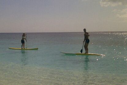 Aunque no se les vea muy bien, creednos, son la pareja más famosa de la Red, Shakia y Piqué, que también son aficionados al paddle board. Los vemos aquí en la foto que apareció en su Twitter.