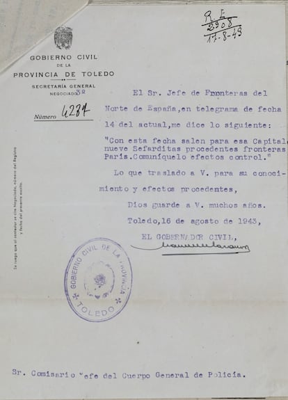 A telegram from the civil governor of Toledo to the city’s chief of police informing him that nine Sephardic Jews – a group that included some that had been “baptized” – had left France on August 14, 1943, with Toledo as their destination. ARCHIVO HISTÓRICO PROVINCIAL DE TOLEDO