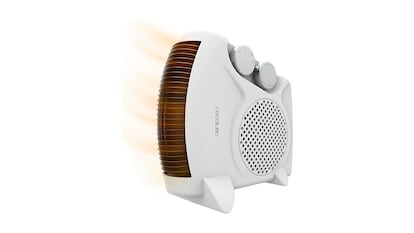 Calefactor portátil sobre fondo blanco.