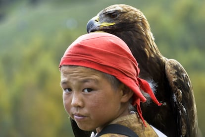 Un niño kirguís sujeta un águila real en los World Nomad Games celebrados en el lago Issyk Kul de Cholpon-Ata (Kirguistán).