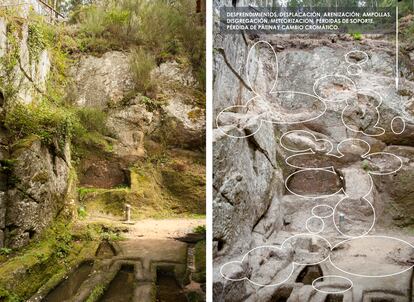 Detalle del arcosolio del monasterio de San Pedro de Rocas antes y después del desbroce contratado por la Xunta.