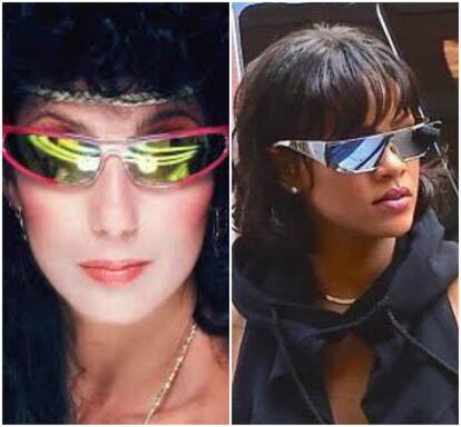 No parece que Rihanna haya querido copiar a Cher con estas gafas de sol que patrocinó para Dior, pero tiene un gran parecido a las que mostraba la cantante en la portada del disco 'I Paralyze' que publicó en 1982.