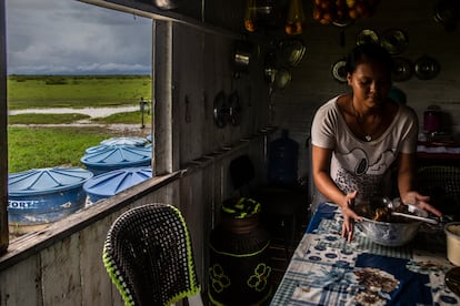 Rozete Tavares sirve una comida de carne de búfalo en su casa, en un pueblo que alguna vez estuvo justo en la orilla del río Araguari y ahora lucha por aprovechar el agua de las lluvias en la estación húmeda y usarla durante todo el año, ya que el río ha quedado demasiado lejos.