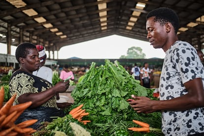 Un joven de la ciudad de Blantyre compra en el puesto de Ntanyula Loveness, una vendedora de verduras que tiene su negocio en el mercado desde 1993. Ella compra más caro que antes, pero no puede subir mucho sus precios porque si no pierde clientes, lo que la ha empobrecido aún más, explica.
