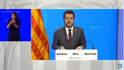 El vicepresident de la Generalitat, Pere Aragonès, durant la roda de premsa d'aquest dijous.