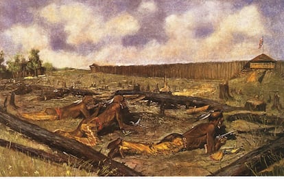 El asedio de Fort Detroit durante la revuelta de Pontiac de 1763, en un cuadro de Frederic Remington.