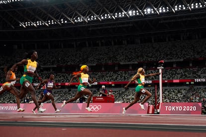 Las tres jamaicanas monopolizando el podio en 100 metros, llevándose oro (Elaine Thompson-Herah), plata (Shelly-Ann Fraser-Pryce) y bronce (Shericka Jackson) en Tokio 2020