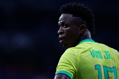 Brazil's Vinicius Junior reacts during an international friendly soccer match between Brazil and Guinea at the RCDE Stadium in Barcelona, Spain, Saturday, June 17, 2023.