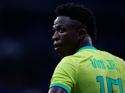 Brazil's Vinicius Junior reacts during an international friendly soccer match between Brazil and Guinea at the RCDE Stadium in Barcelona, Spain, Saturday, June 17, 2023.