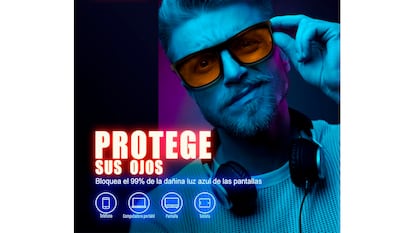 Gafas con bloqueo de luz azul sobre fondo blanco.