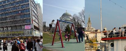 De izquierda a derecha, la plaza de la República de Belgrado, la iglesia de Santo Sava y una barcaza en las aguas del río Sava.