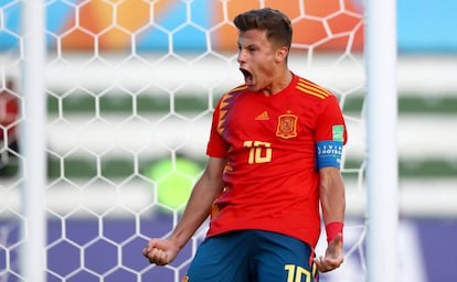 German Valera celebra su gol a Senegal.