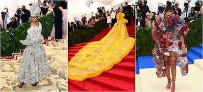 La cantante Rihanna también es una de las invitadas que apuesta fuerte con sus estilismos para la gala anual Met. El vestido-capa amarillo que lució para la gala en honor a China, diseñado por Guo Pei, fue objeto de memes y burlas tras sus muchas comparaciones con una tortilla. Sin embargo, era toda una obra de alta costura que había llevado más de 50.000 horas de elaboración