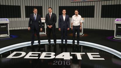 Debate electoral de 2016 con Mariano Rajoy, Pedro Sanchez, Albert Rivera y Pablo Iglesias. 