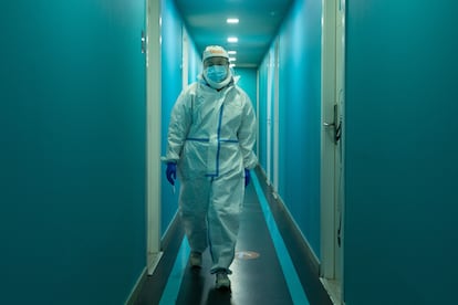 A medical professional in a center for Covid patients in Barcelona on Tuesday.